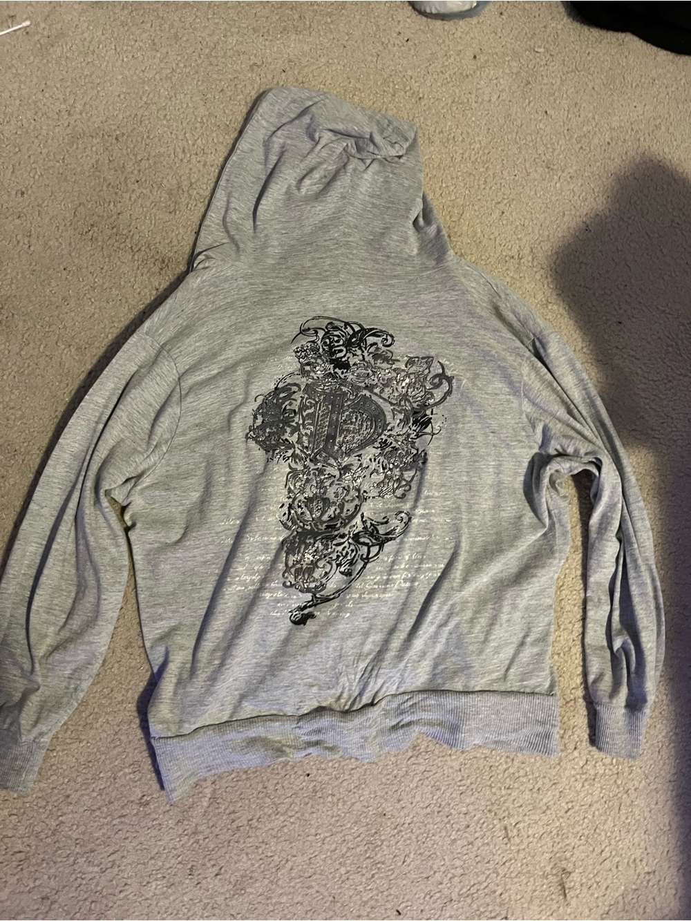 Light Gray Men's Zip-Up Hooded Sweater with Ornate Back Graphic